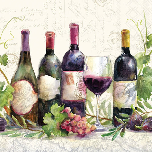 Illustration of wine bottles, a glass of red wine, grapes, and figs on a decorative background.