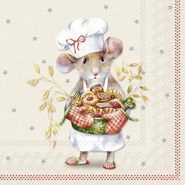 Illustration of a mouse chef holding a basket of food on a decorative background