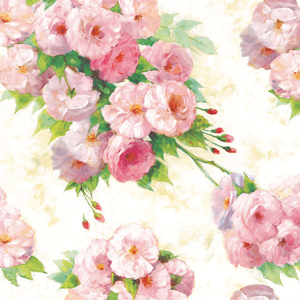 Pattern of pink flowers with green leaves on a light background