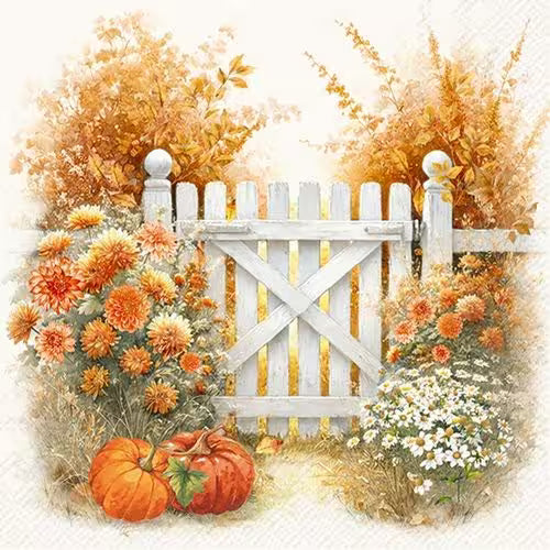 An autumn garden scene with a white wooden gate, orange flowers, pumpkins, and warm fall foliage.