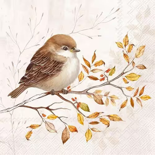 A small bird sitting on an autumn branch with golden leaves and tiny red berries.