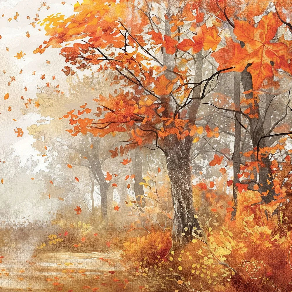 A painterly autumn forest scene with orange and yellow leaves on trees, falling leaves in the air, and a soft misty path in the foreground.