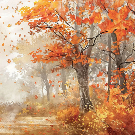A painterly autumn forest scene with orange and yellow leaves on trees, falling leaves in the air, and a soft misty path in the foreground.