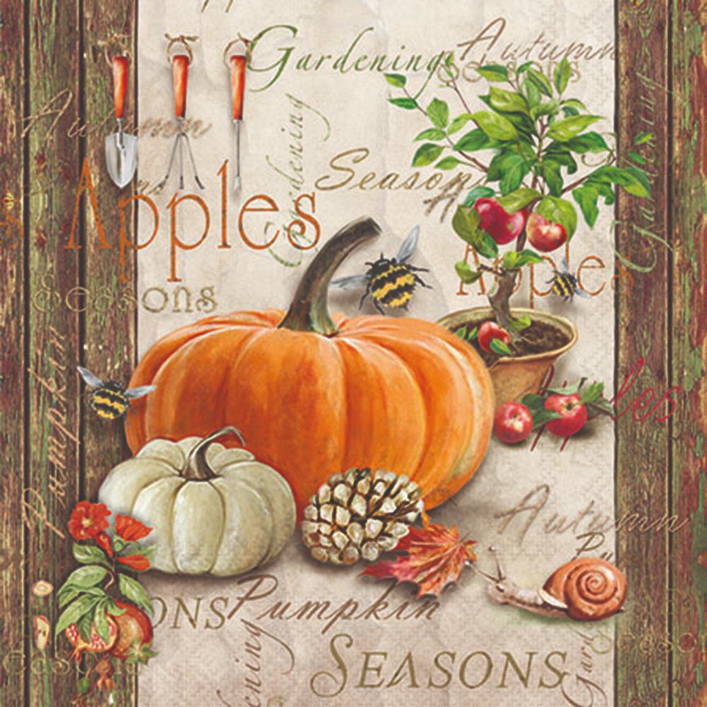 Decorative autumn-themed design with pumpkins, apples, and gardening tools on a wooden background.