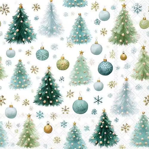 Christmas pattern with decorated pine trees, baubles, snowflakes, and soft blue-green tones.