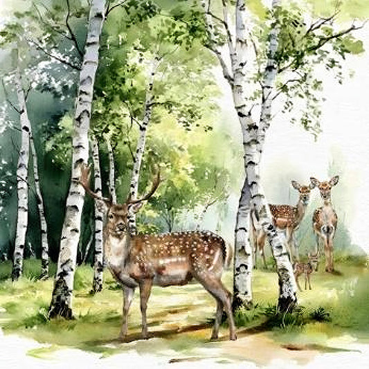 Deer in a forest with birch trees