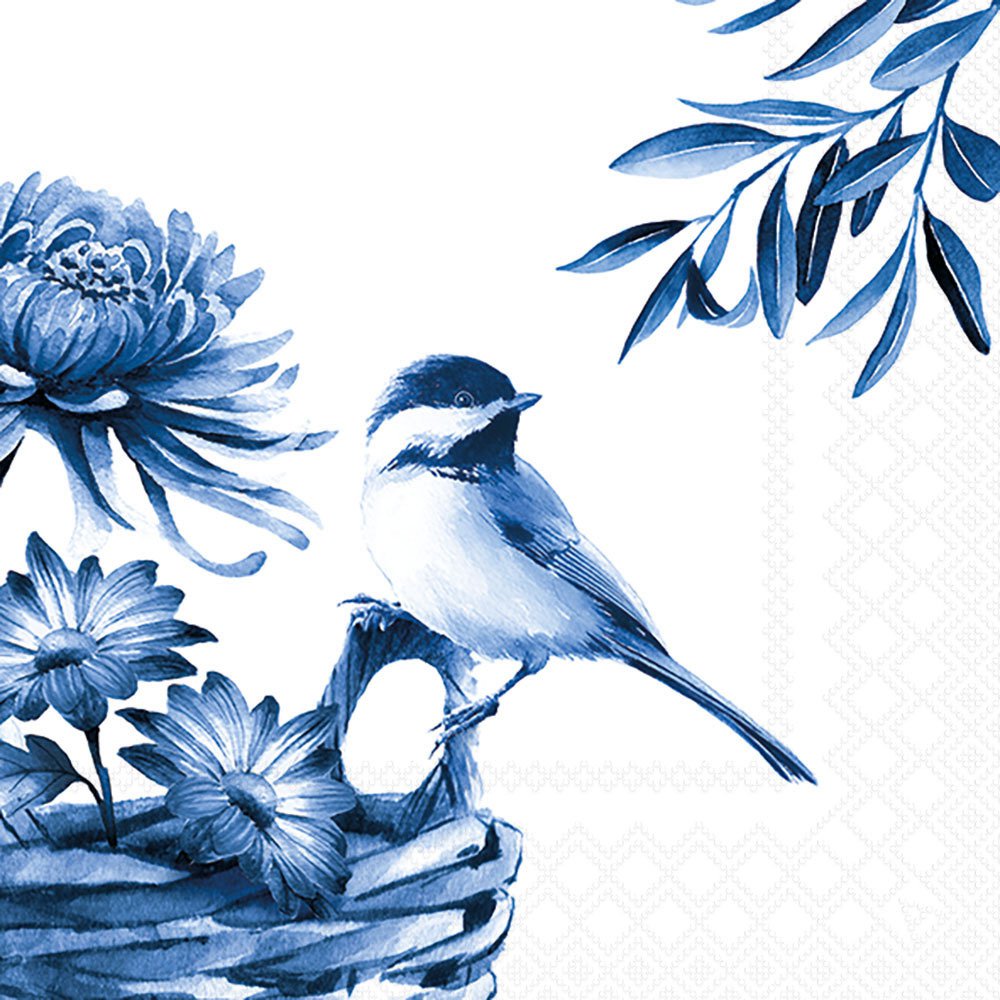 Blue and white illustration of a bird and floral elements on a white background
