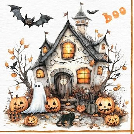 A cozy haunted house with glowing windows, surrounded by pumpkins, a ghost, bats, and bare autumn trees.
