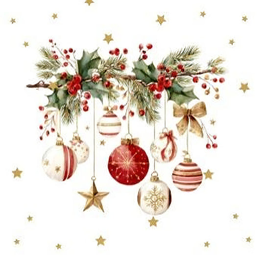 Decorative Christmas branch with ornaments and holly on a white background