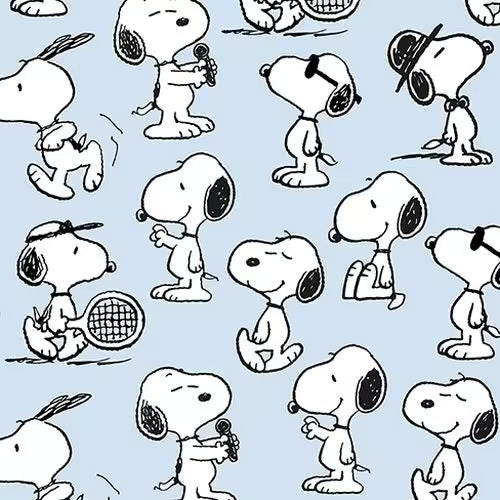 Repeating pattern of a cartoon dog character on a light blue background