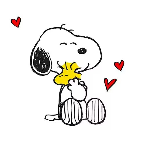 Cartoon dog holding a yellow flower with red hearts around, on a white background