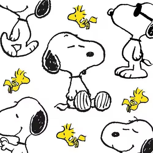Repeating pattern of cartoon characters including Snoopy and Woodstock on a white background