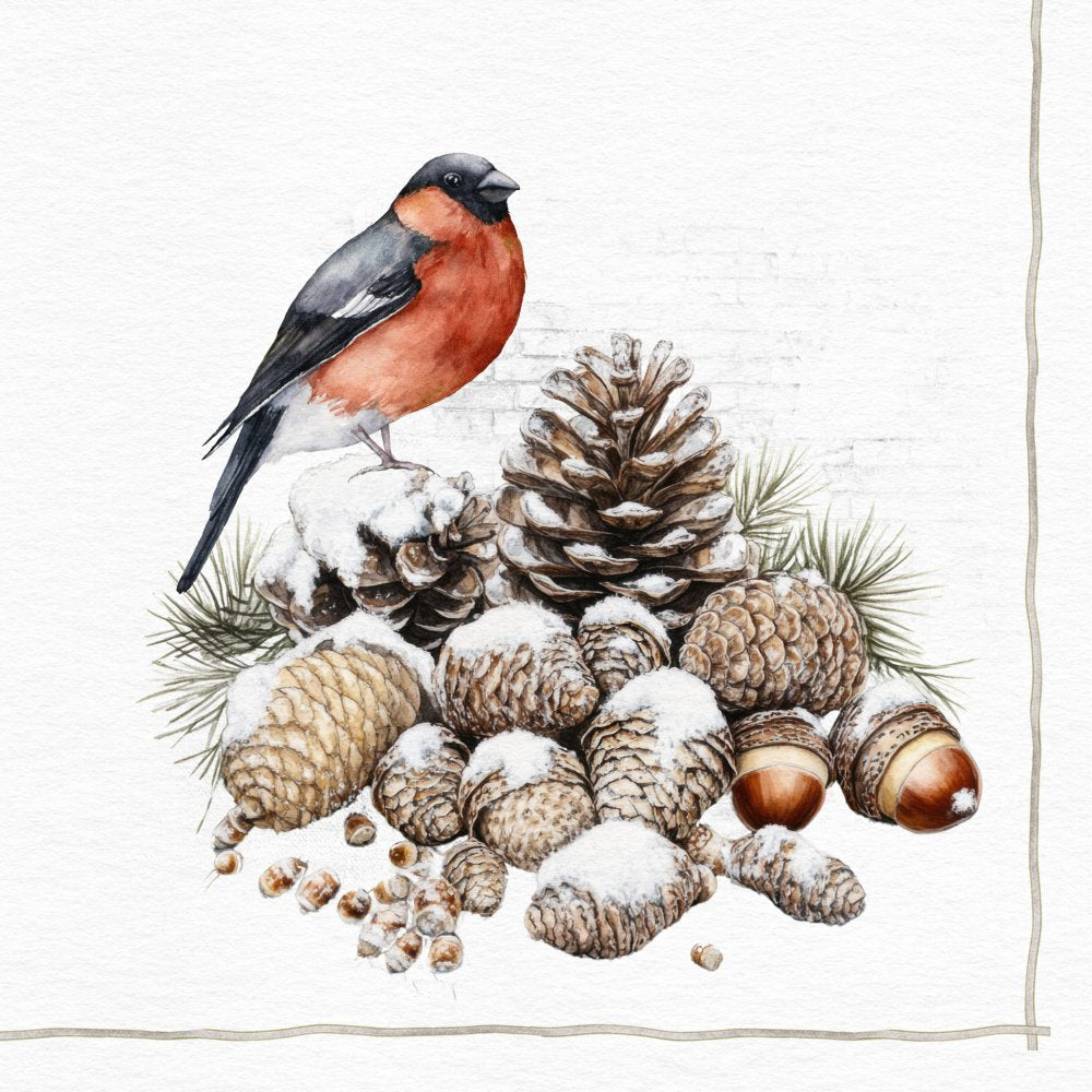 Illustration of a bird perched on snow-covered pinecones and acorns.