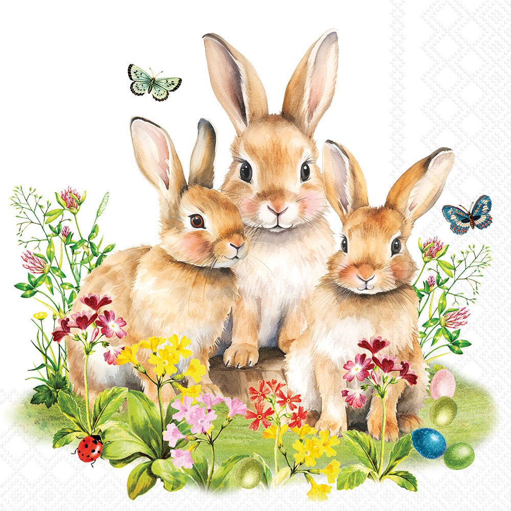 Three rabbits sitting together with flowers and butterflies on a white background