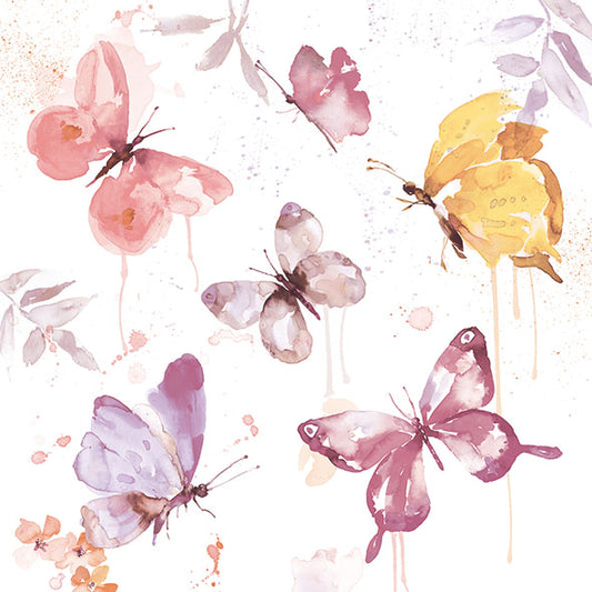 Watercolor butterflies in various colors on a light background