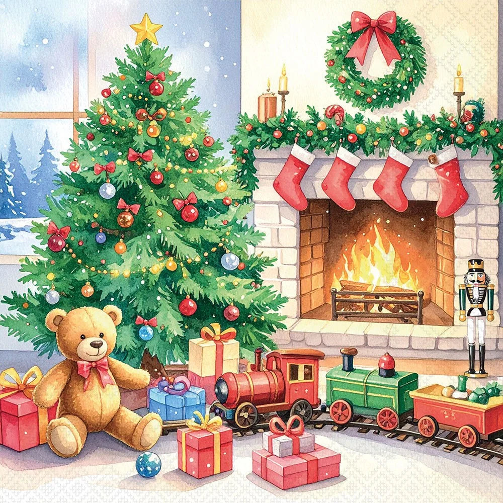 A festive Christmas holiday scene illustration featuring a decorated evergreen tree, a lit fireplace with three red stockings, wrapped gifts, a teddy bear, a toy train, and a nutcracker in a cozy indoor setting.