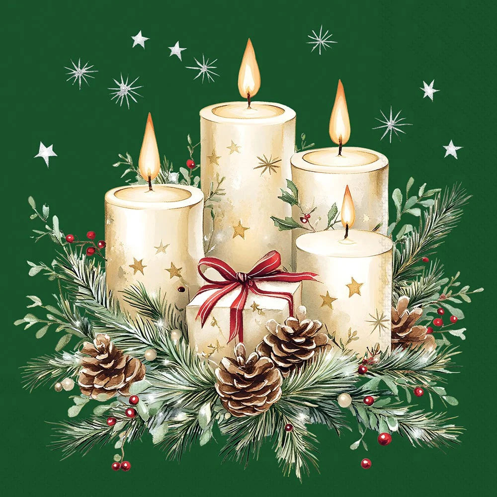 A festive Christmas illustration featuring four cream-colored pillar candles with gold star details, arranged with pinecones, evergreen branches, red berries, and a red ribbon bow on a dark green background with white star accents.