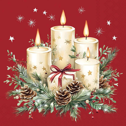 A festive Christmas illustration featuring four cream-colored pillar candles with gold star details, lit with glowing flames, arranged in a wreath with pine branches, pinecones, and a red ribbon bow on a solid red background with white star accents.