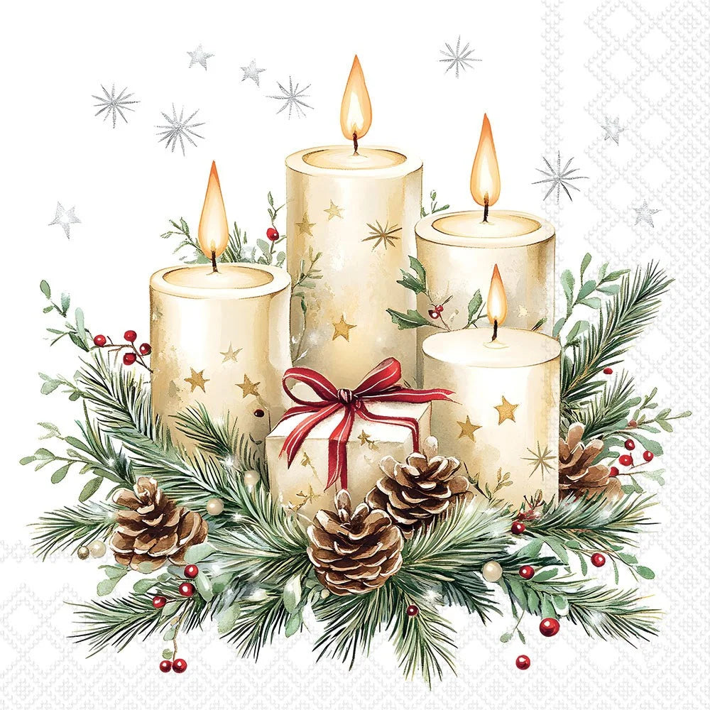 A festive Christmas illustration featuring four lit taper candles decorated with gold stars, surrounded by pine branches, pinecones, red berries, and a red ribbon bow on a white patterned background.