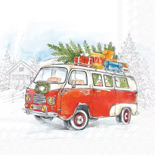 A red vintage Christmas van carrying gifts and a tree through a snowy winter scene.