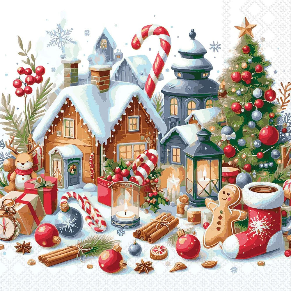 A festive Christmas village illustration with snow-covered houses, a decorated tree, candy canes, gifts, lanterns, cinnamon sticks, and holiday decorations arranged in a winter scene.