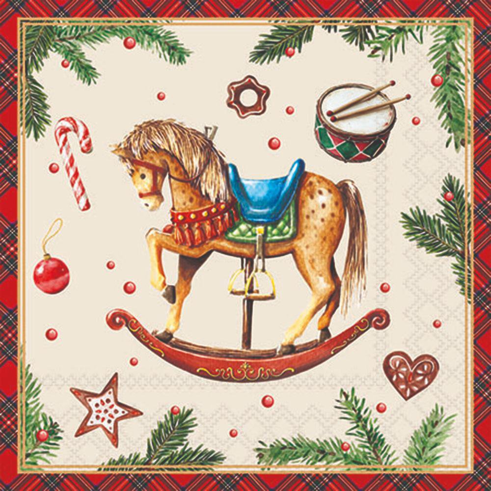 Christmas-themed napkin with a rocking horse, candy canes, and festive decorations on a plaid border.