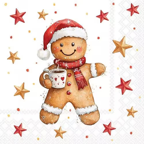 A smiling gingerbread cookie wearing a Santa hat and scarf, holding a mug of cocoa, with red and gold stars around it.