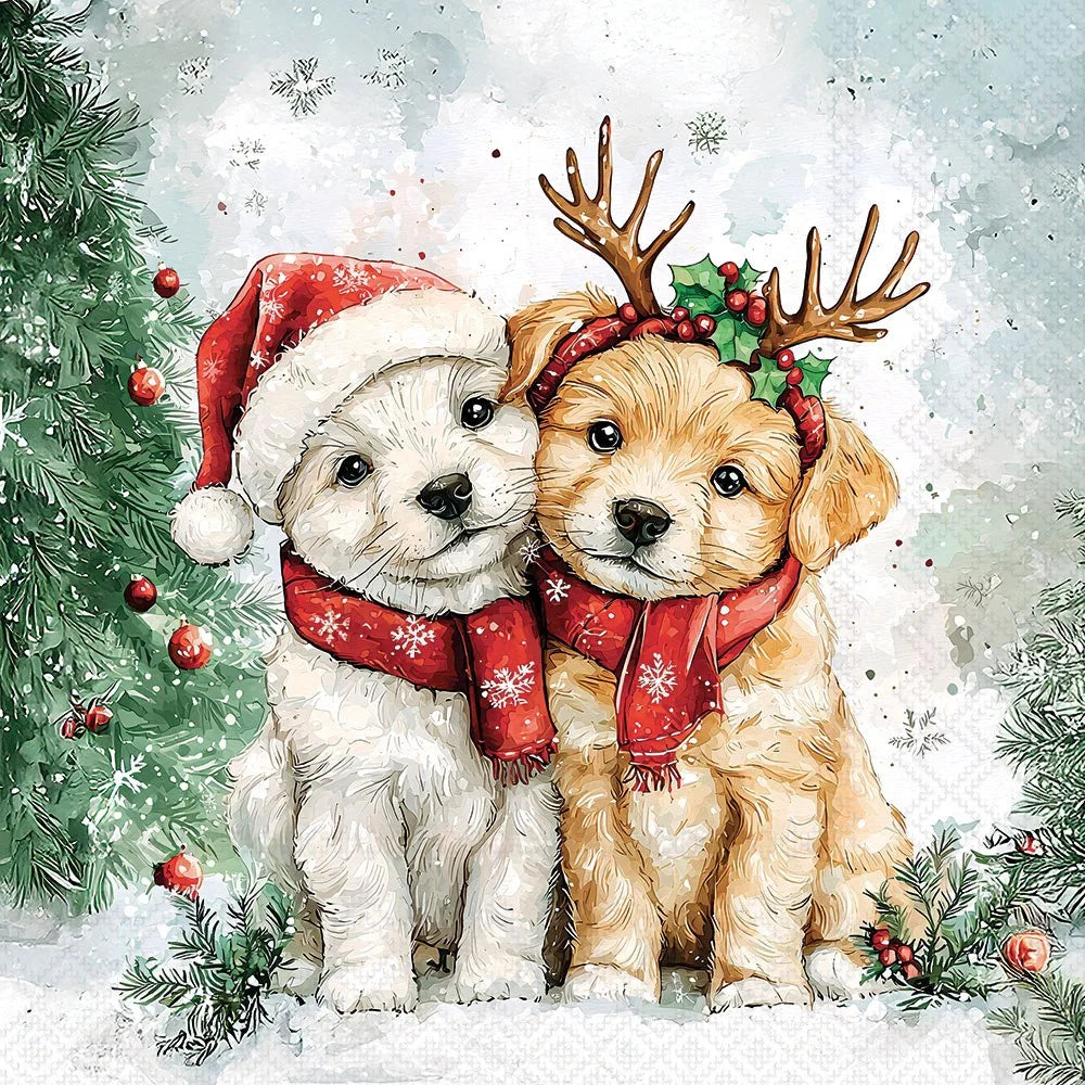 Two puppies wearing Christmas hats and scarves with a festive background.
