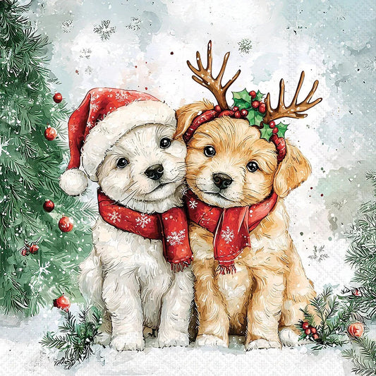 Two puppies wearing Christmas hats and scarves with a festive background.