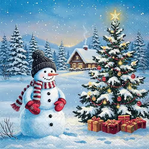 A cheerful snowman beside a decorated Christmas tree, with gifts, snowy pine trees, and a cozy cabin in the background.