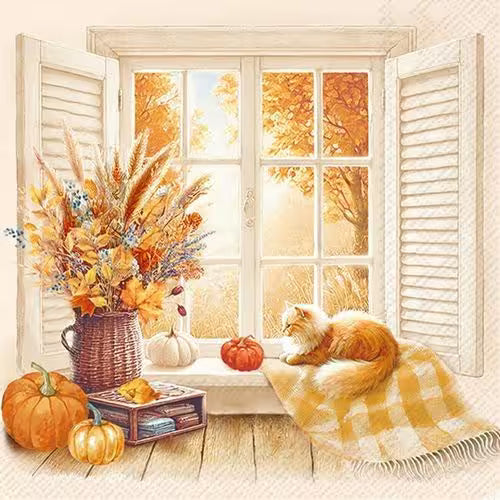 A cozy autumn window scene with pumpkins, dried flowers, a ginger cat, and golden fall trees outside.