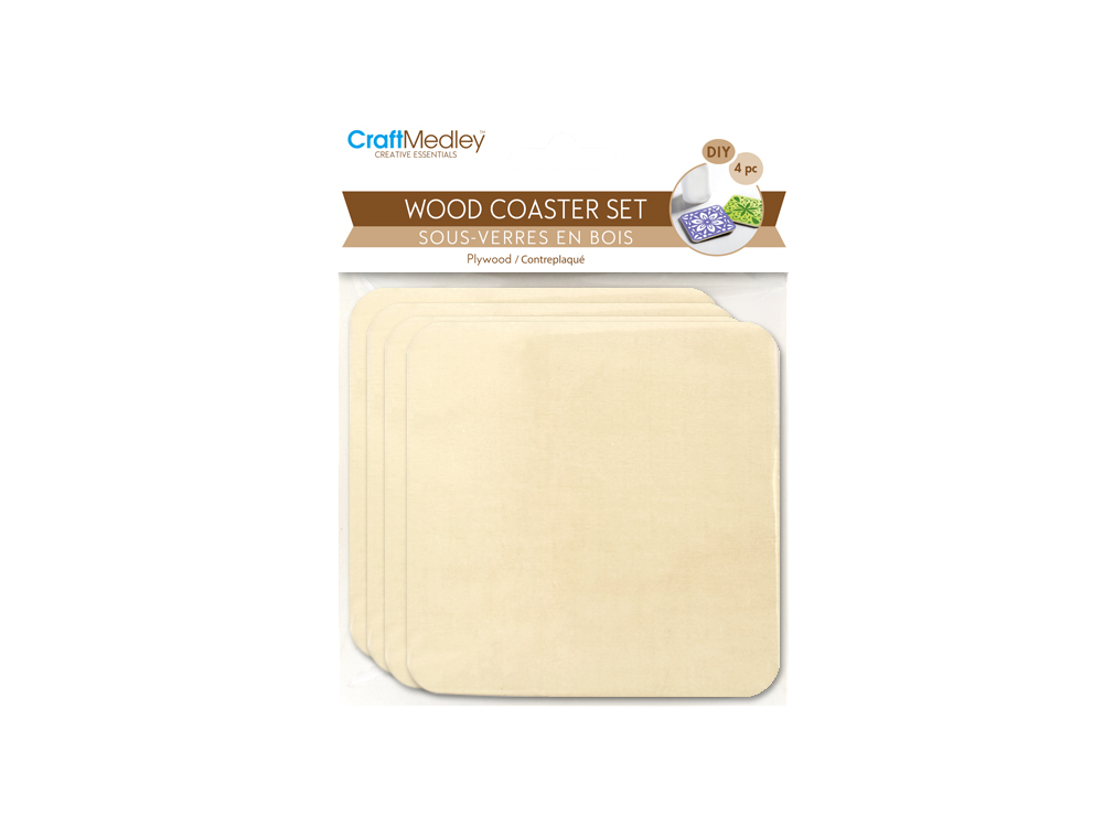 Plywood Craft Coasters - Square, 9.5 cm x 9.5 cm (3.74” x 3.74"), Set of 4