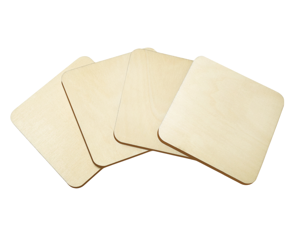 Plywood Craft Coasters - Square, 9.5 cm x 9.5 cm (3.74” x 3.74"), Set of 4