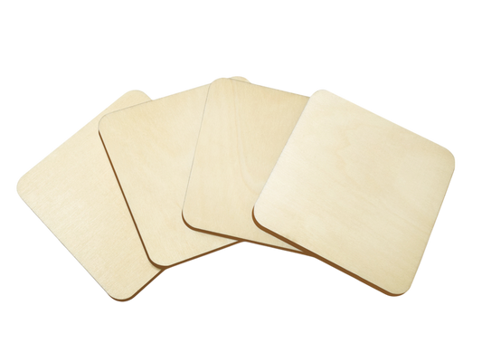 Plywood Craft Coasters - Square, 9.5 cm x 9.5 cm (3.74” x 3.74"), Set of 4