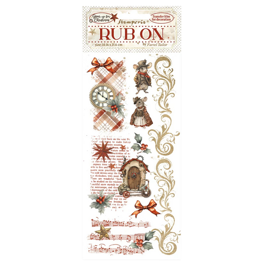 Decorative rub-on transfers with vintage-themed designs on a white background