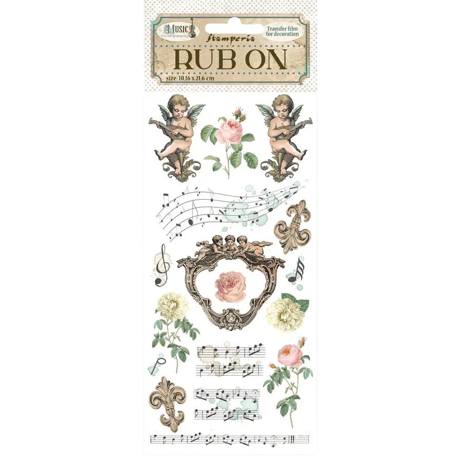 Rub-on transfers with cherubs, roses, and music notes on a white background