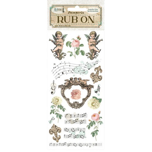 Rub-on transfers with cherubs, roses, and music notes on a white background