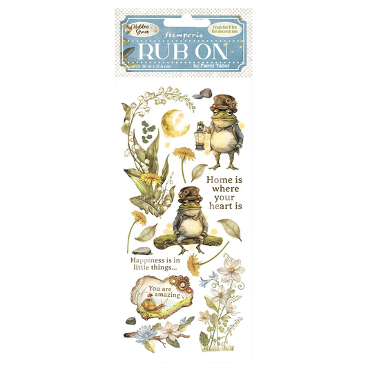 Decorative rub-on transfers with frog illustrations and motivational phrases on a white background.