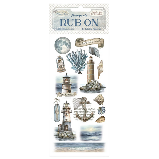 Decorative rub-on transfers with lighthouse, seashells, and nautical elements on a white background.