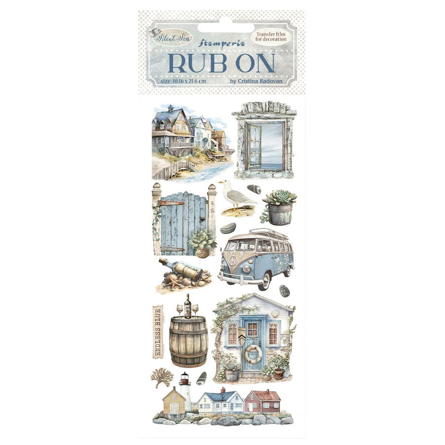 Rub-on transfer sheet with vintage-themed designs on a white background