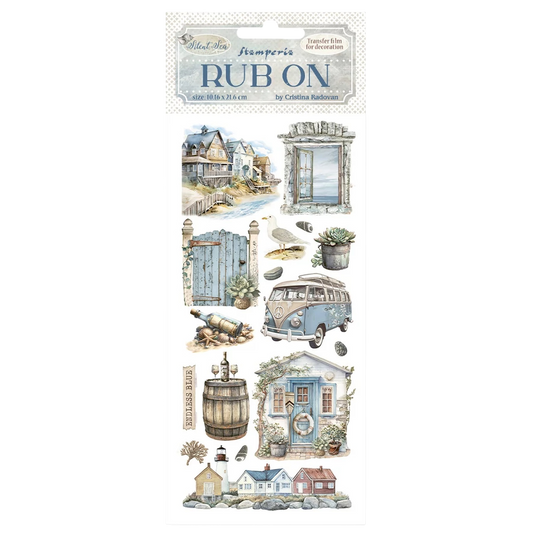 Rub-on transfer sheet with vintage-themed designs on a white background