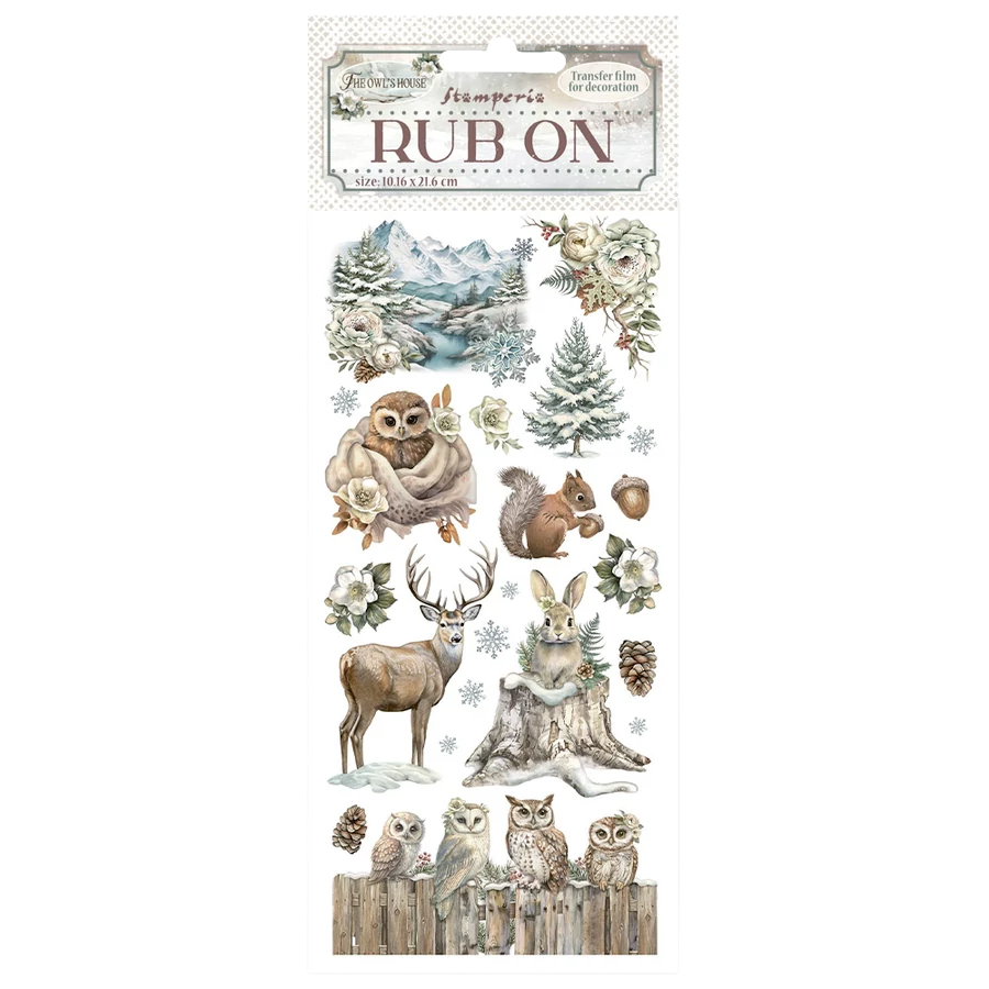 Rub-on transfer sheet with forest animals and nature designs on a white background