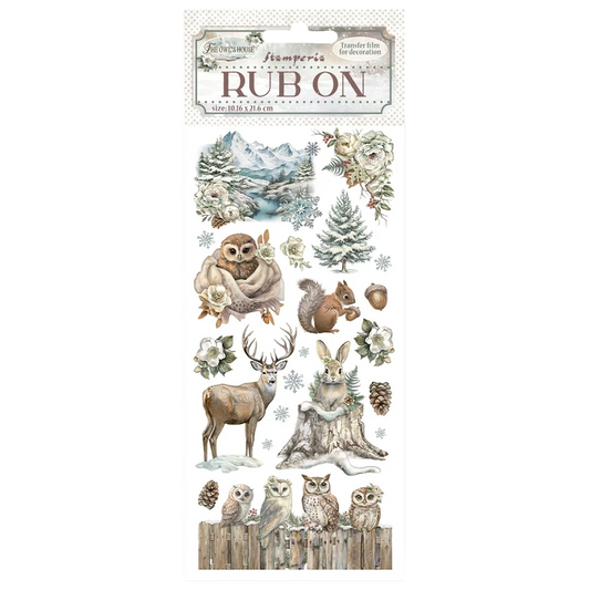 Rub-on transfer sheet with forest animals and nature designs on a white background