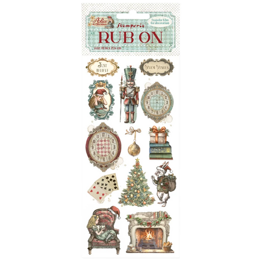 Collection of Christmas-themed rub-on transfers with decorative designs on a white background.