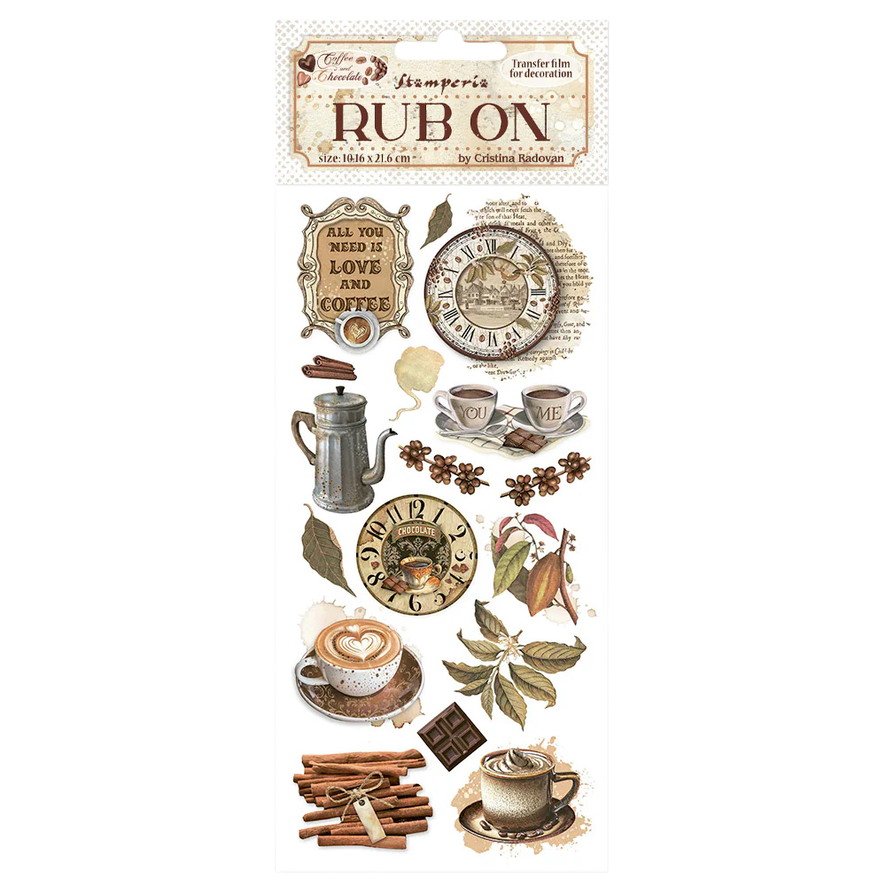 Decorative rub-on transfers with coffee-themed designs on a white background