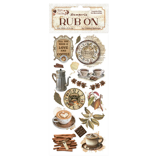 Decorative rub-on transfers with coffee-themed designs on a white background