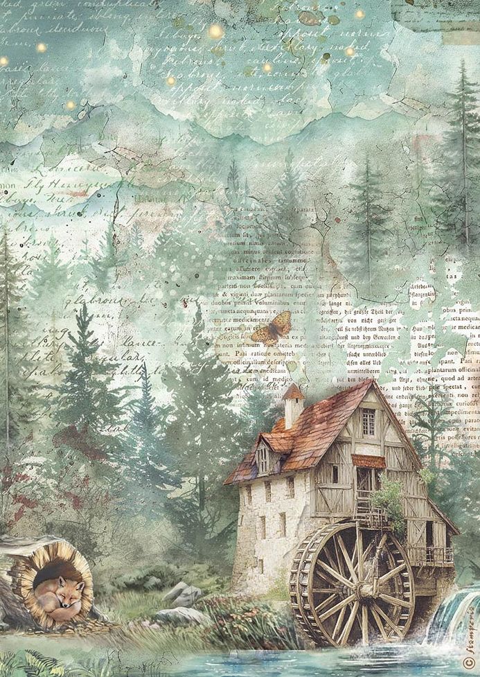 A vintage-style watercolor illustration featuring a stone mill with a large water wheel, surrounded by pine trees and a stream. The background has a layered collage look with cursive script, soft blue-green washes, and small glowing light effects.