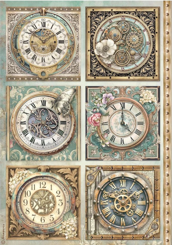A vintage-style collage of six ornate clock illustrations arranged in a grid, featuring steampunk gears, Roman numerals, floral details, and distressed antique frames on a textured cream background.