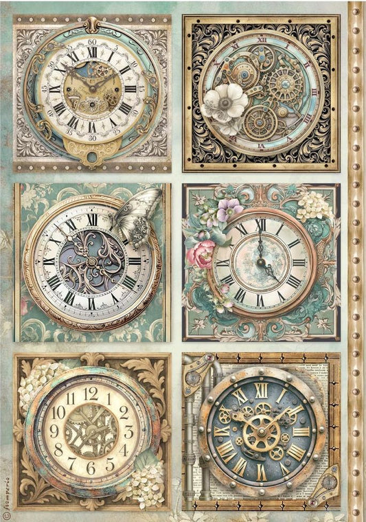 A vintage-style collage of six ornate clock illustrations arranged in a grid, featuring steampunk gears, Roman numerals, floral details, and distressed antique frames on a textured cream background.