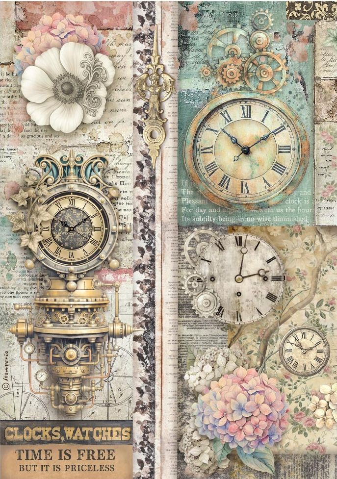 A vintage-style collage artwork featuring multiple antique clocks and watches, floral illustrations, gears, and aged paper textures in soft pastel tones.